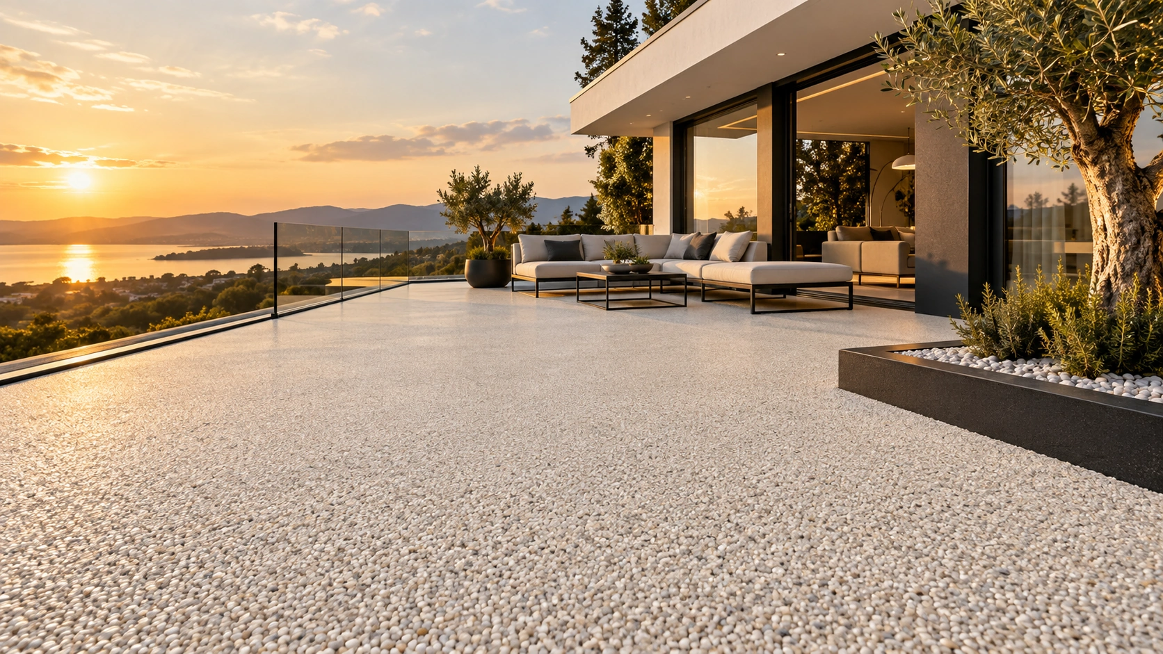 Terrasse mit hellem Marmorsteinteppich
